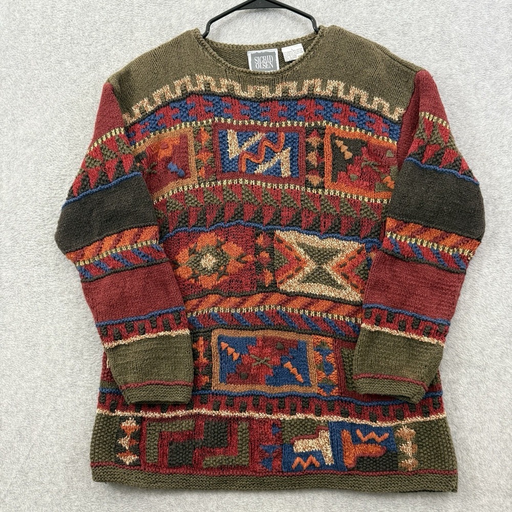 Sigrid Olsen Sweater Women's Large Green Red Southwest Aztec Tribal Boho Chunky